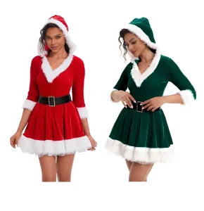 Women Christmas Costume Hooded Mini Dress Belted Elf Outfit Red Green Holiday Cosplay Stage Performance Wear