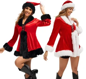 Women Christmas Costume Santa Girl Dress Faux Fur Trim Hat Set Velvet Holiday Outfit Christmas Party Dress Multi Color