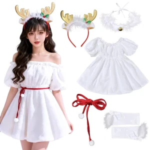 Women Christmas Reindeer Costume White Off Shoulder Mini Dress Antler Headpiece Gloves Stage Show Full Set
