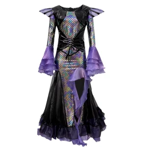 Women Dark Mermaid Costume Purple Sequin Scale Fishtail Dress Halloween Cosplay Stage Performance Wear