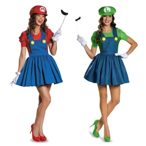 Women Game Character Costume Red Green Overall Skirt Dress Hat Gloves Set Halloween Stage Performance Wear