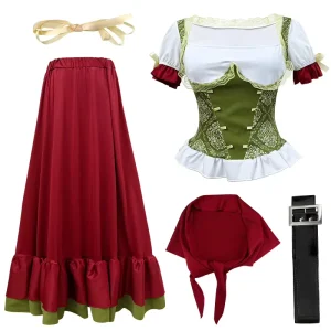 Women German Beer Festival Costume Bavarian Lace up Top Skirt Headpiece Set Oktoberfest Stage Outfit