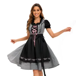 Women German Beer Festival Costume Plaid Apron Dress Lace up Bodice Stage Wear Plus Size Multi Color