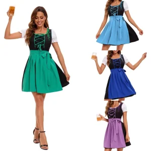 Women German Festival Costume Oktoberfest Lace up Dress Short Sleeve Event Show Outfit Multi Style Supply