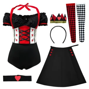Women Gothic Poker Character Costume Black Red High Low Dress Crown Heart Pattern Cosplay Performance Wear