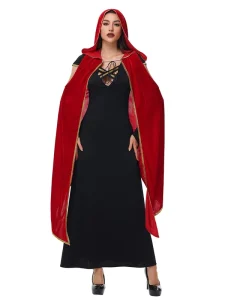 Women Gothic Vampire Cloak Costume Black Long Dress Red Hooded Cape Halloween Stage Performance Wear
