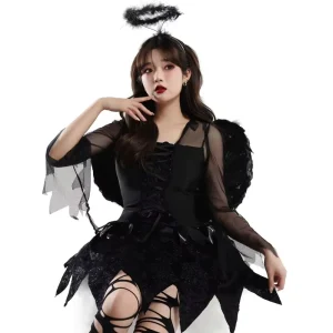 Women Halloween Dark Angel Costume Black Wing Halo Headband Gothic Dress Cosplay Stage Performance Wear