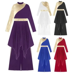 Women Liturgical Dance Performance Costume Dress With Wide Leg Pants Sets for Praise Lyrical Dance Ceremony Choir Performance