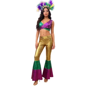 Women Mardi Gras Halloween Carnival Costume Sequin Top Bell Bottom Pants Feather Headwear Stage Dance Performance Wear