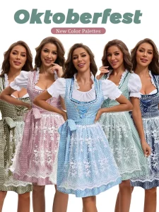 Women Oktoberfest Beer Costume Floral Lace Overlay Dress Bow Waist Stage Performance Plus Size Color Options