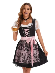 Women Oktoberfest Costume Black Pink Festival Dress Lace Overlay Bow Waist Stage Wear Plus Size Available
