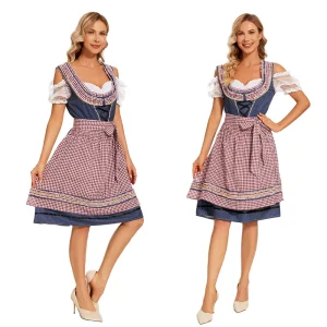 Women Oktoberfest Costume German Dirndl Dress Bavarian Festival Outfit Lace Sleeve Apron Stage Performance Wear