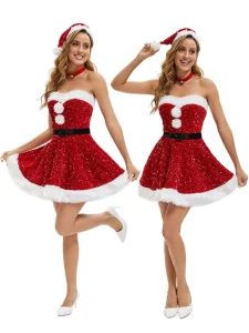 Women Santa Style Christmas Costume Sparkle Sequin Dress Holiday Party Stage Performance Cosplay Outfit Red Polyester