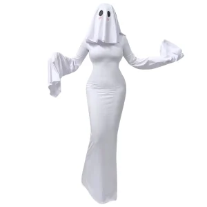 Women White Ghost Costume Hooded Long Dress Wide Sleeve Halloween Cosplay Stage Performance Wear