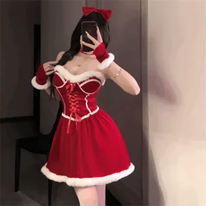 Women Xmas Cosplay Santa Costume for Adult Fancy Dress Party Performance Custom Size Polyester Material