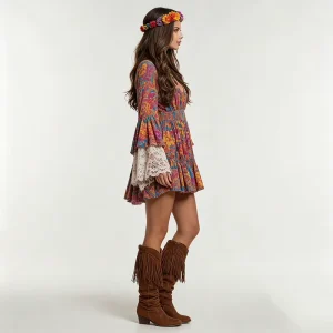 Women’s 70s Hippie Style Boho Floral Print Mini Dress with Lace Bell Sleeves Hippie Festival Dress