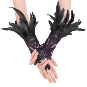 Women’s Adult Halloween Dark Feather Lace Finger Gloves with Wristband Black Wrist Accessories Party Prom Decorations