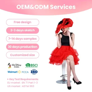 Women’s Adult Red Black Tulle Stage Performance Dress with Large Hat for Festival Events Celebrations