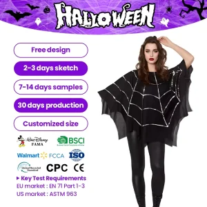 Women’s Adult Sequin Spider Web Poncho Cosplay Halloween Costume Game Sparkly Mesh Cape One Size Western Style High