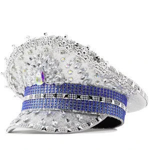 Women’s Bling Rhinestone Captain Hat Crystal Bride Cap Silver Sequin Festival Parade Concert Dance Costume Hat