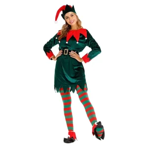 Women’s Christmas Elf Costume, Green Velvet Outfit with Striped Tights for Holiday Party Carnival