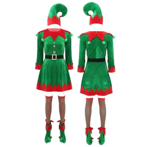 Womens Christmas Elf Costume Velvet Dress Waist Belt Hat Striped Stockings Shoes 5 Piece Dress Up Suit Christmas New Year