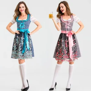 Women’s Classic Bavarian Oktoberfest Costume Floral Lace Top & Apron Maid Dress Halloween Fancy