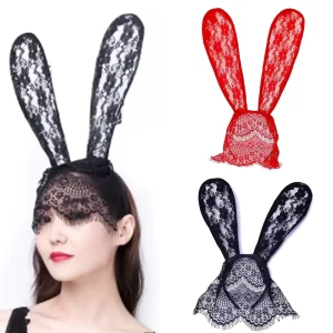 Women’s European American Holiday Trendy Sexy Lace Veil Bunny Ears Face Covering Party Ball Costume Headband Headdress Handmade