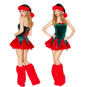 Women’s Fancy Christmas Costume Sexy Christmas Tree Santa Cosplay Outfits Green Velvet Bow Polyester Xmas Party Performance