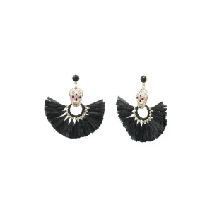 Women’s Halloween Black Raffia Skull Drop Earrings Long Dangle Statement Party Jewelry