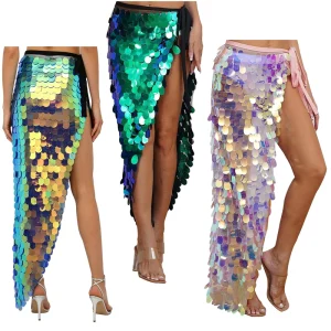 Womens Halloween Dance Costume Long Belly Dance Hip Skirt Sparkly Sequin Lace Up Mermaid Hip Scarf Wrap Festival Dance Costumes