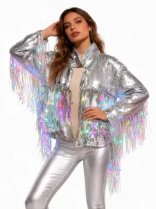 Women’s Holographic Sequin Jacket with LED Light Up Fringe Silver Iridescent Blouson Top for Rave Festival Stage Performance