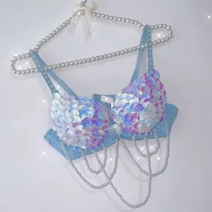 Women’s Mermaid Seashell Bra Pearl Ruffle Mini Skirt Set Handmade Ocean Inspired Festival Costume Rave Outfit