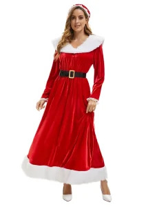Women’s Mrs Claus Costume Christmas Dress Red White Holiday Performance Outfit Adult Santa Roleplay Clothing Set