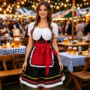 Women’s Polyester Summer Dress Bartender Uniform Cosplay Costume German Beer Festival Woven Accessories Short Sleeve Button