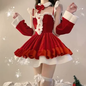 Women’s Red Christmas Costume Polyester Lolita Maid Dress Cute Princess Style for Holiday Nightclub Dance Stage Performance