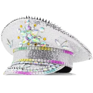 Women’s Rhinestone Bride Captain Hat Sparkly Bling Crystal Festival Parade Dance Costume Cap