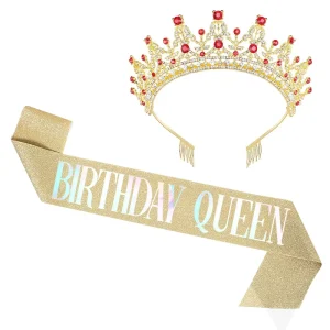 Women’s Rhinestone Headband Crystal Hair Accessories Birthday Tiara Crown Sash Set for Adults Valentine’s Day Party Decorations