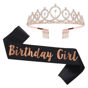 Womens Satin Sash and Rhinestone Tiara Elegant Birthday & Valentine’s Day Party Decorations for Adults Indoor Outdoor Use Gift