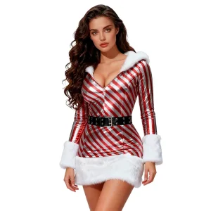 Women’s Sexy Santa Claus Cosplay Costume Christmas Evening Party Dresses with Warm Hoodie for Winter TV & Movie Perfect