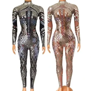 Women’s Sexy Sequin Rhinestone Spandex Nylon Bodysuit One Piece Jumpsuit Dancerwear Pole Dance Ballroom Dance Costumes Festivals