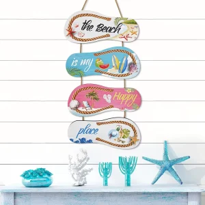 Wood Summer Beach Surfboard Starfish and Palm Tree Pattern Wall Mounted Hanging Slippers Hawaiian Door Sign Decor