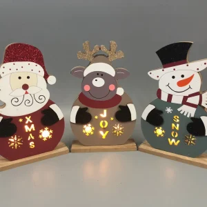 Wooden Christmas Decorations with LED Lamp Battery Christmas Tree Santa Claus Snowman and Deer Ornaments