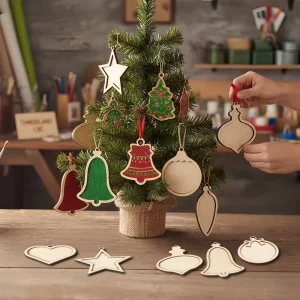 Wooden Christmas Tree Hanging Ornaments Set DIY Blank Craft Shapes Holiday Decor Kids Handmade Wood Decoration
