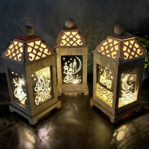 Wooden Crafts Ornaments Muslim Festival Decorations Portable Led Ramadan Lantern Light for Eid Ramadan Decoration