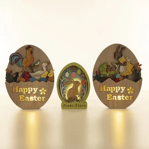 Wooden Easter Chicken, Egg, and Bunny Tabletop Centerpiece Decorations with Lighting