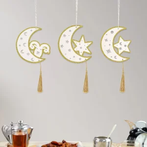 Wooden Festival Star and Ram Laser Engraved Decorative Hanging Ornaments Ramadan Decorations DIY Home Decor Muslim Party Decor