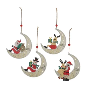 Wooden Santa Claus and Moon Christmas Hanging Ornament Set