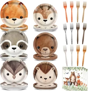Woodland Animal Themed Paper Plates & Napkins Disposable Tableware for Baby Shower Birthday Parties Kids Serving Supplies