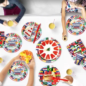 World Cup for 48 Teams Multi Country Flag Themed Multicolor Party Tableware Set Paper Plates Cups Napkins Banners Flags